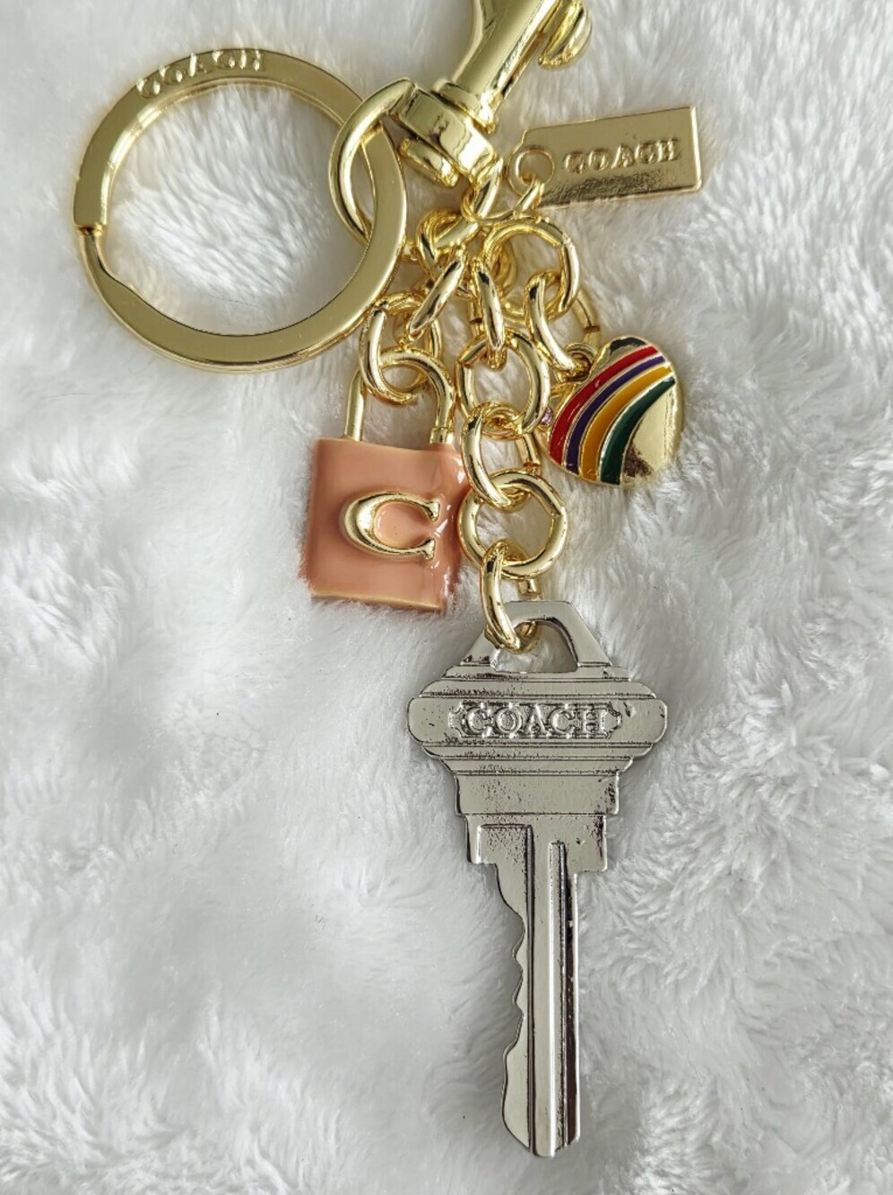 C Logo Gold-Tone Silver Key Keychain with Rainbow Heart and Pink Lock Accent - Picture 2 of 4